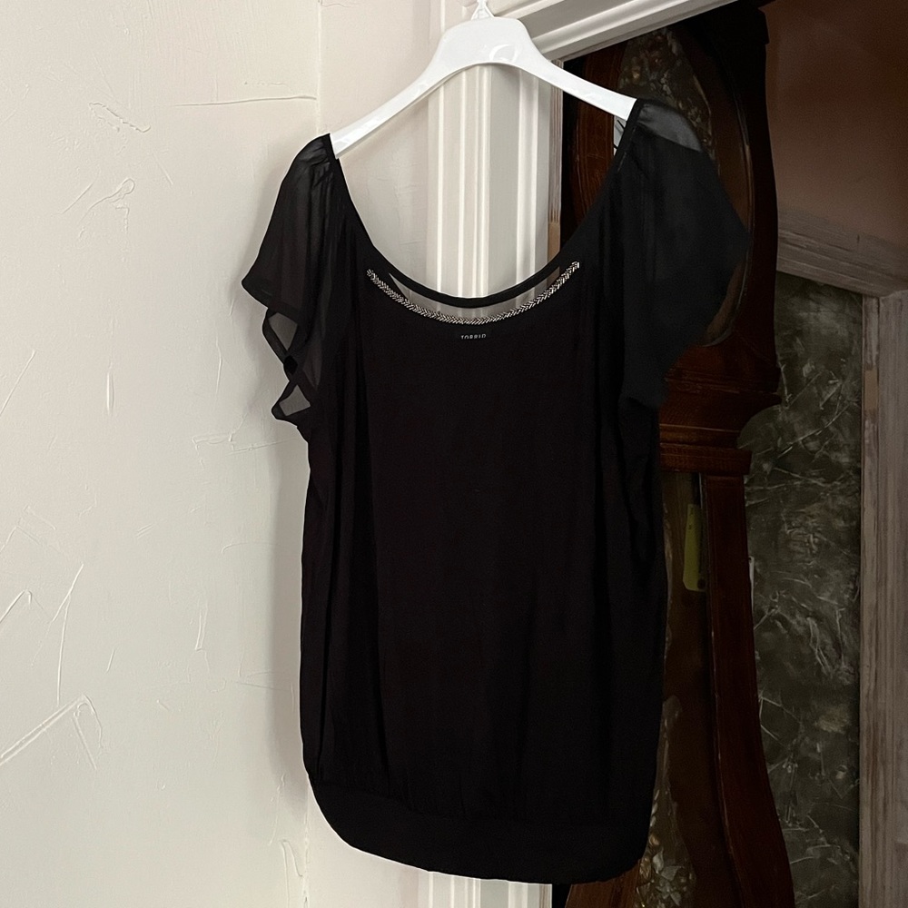 Torrid | black sheer inset sleeve gold beaded neckline top